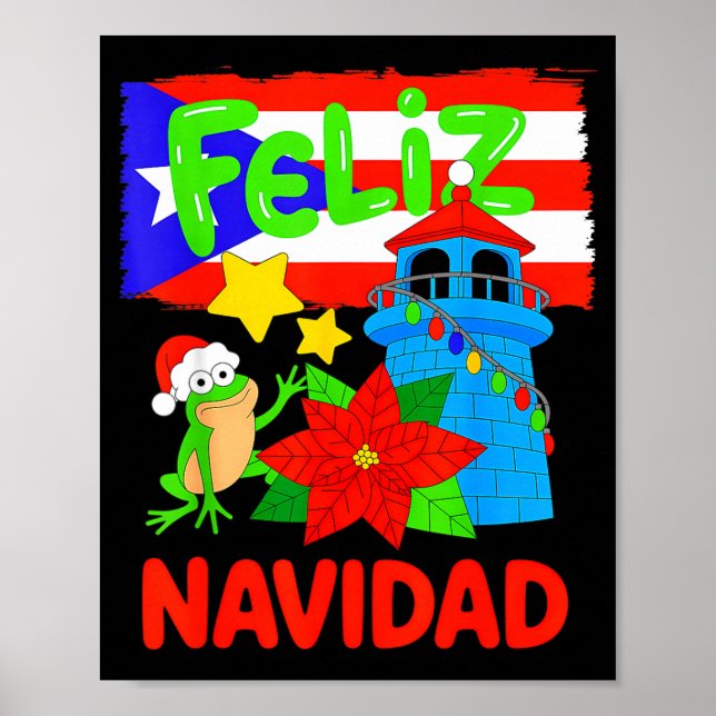 Feliz Navidad Puerto Rico Flag Floral Frog Boricua Poster (Framsidan)