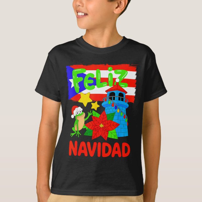 Feliz Navidad Puerto Rico Flag Floral Frog Boricua T Shirt (Framsida)