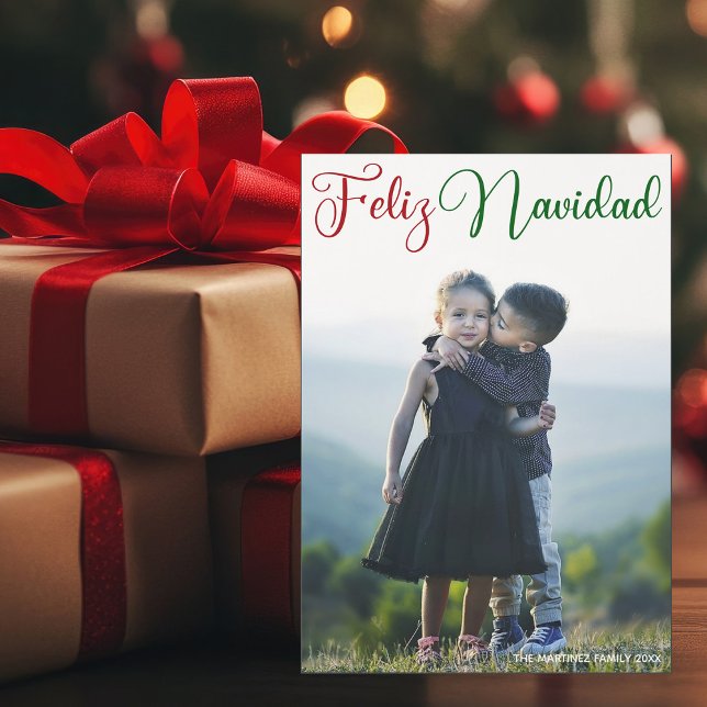 Feliz Navidad Red Grönt Script Photo Magnet Card (Skapare uppladdad)