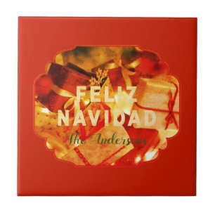 Feliz Navidad Red Guld Grönt Family Namn Elegant Kakelplatta