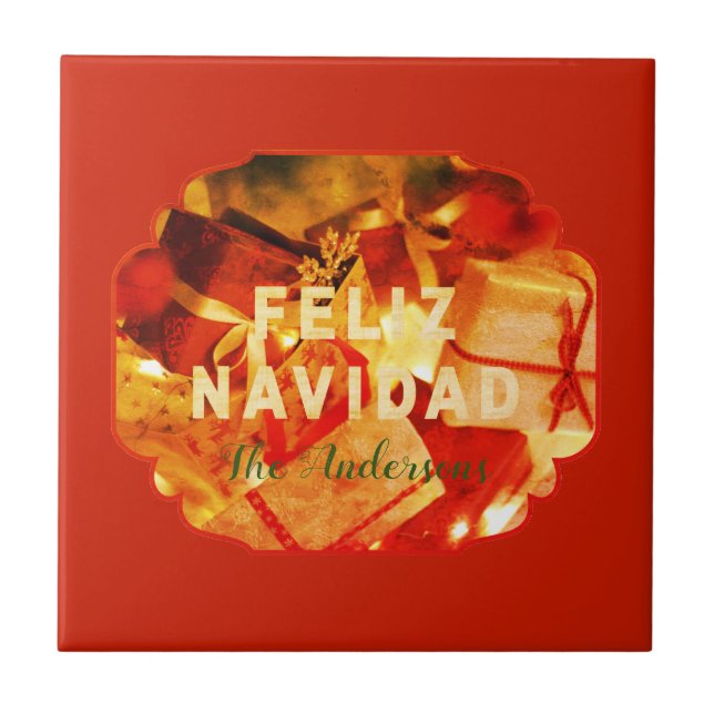 Feliz Navidad Red Guld Grönt Family Namn Elegant Kakelplatta (Framsidan)