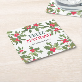 Feliz Navidad Red Holly Berries jul Underlägg Papper Kvadrat