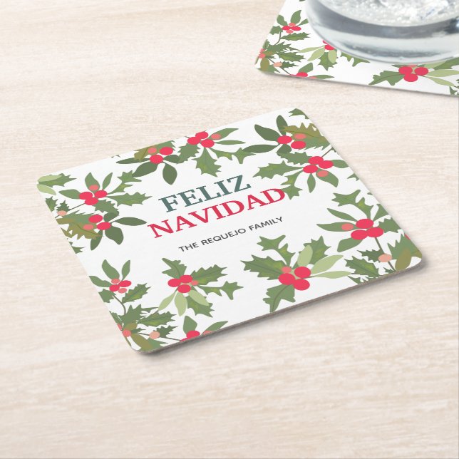 Feliz Navidad Red Holly Berries jul Underlägg Papper Kvadrat (Vinklad)