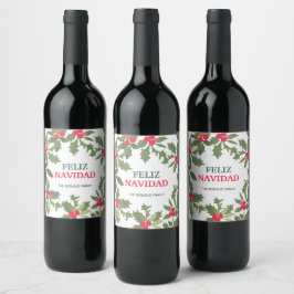 Feliz Navidad Red Holly Berries jul Vinflaska Etikett