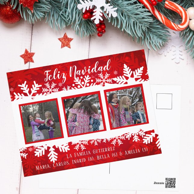 Feliz Navidad Red Snowflake 3 Photo Festive Family Vykort (Skapare uppladdad)
