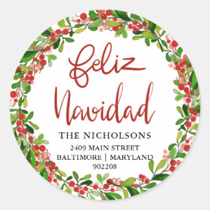 Feliz Navidad Red Watercolor Holly Wandeans Runt Klistermärke
