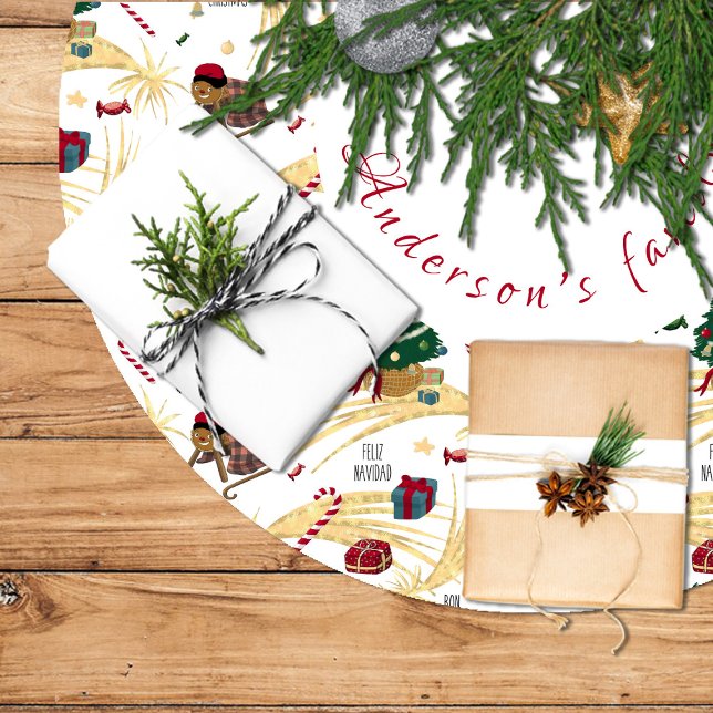 Feliz navidad, regalos y dulces para todos. julgransmatta borstad polyester (Merry Christmas, gifts, and sweets for everyone Brushed Polyester Tree Skirt
)