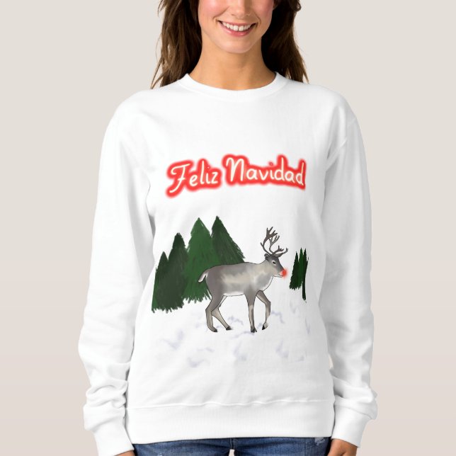 Feliz Navidad Retro Red Nposed Reindeer Painting T Shirt (Framsida)