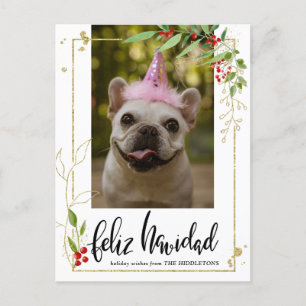 Feliz Navidad Script Photo Guld Berry Holly Helg Vykort