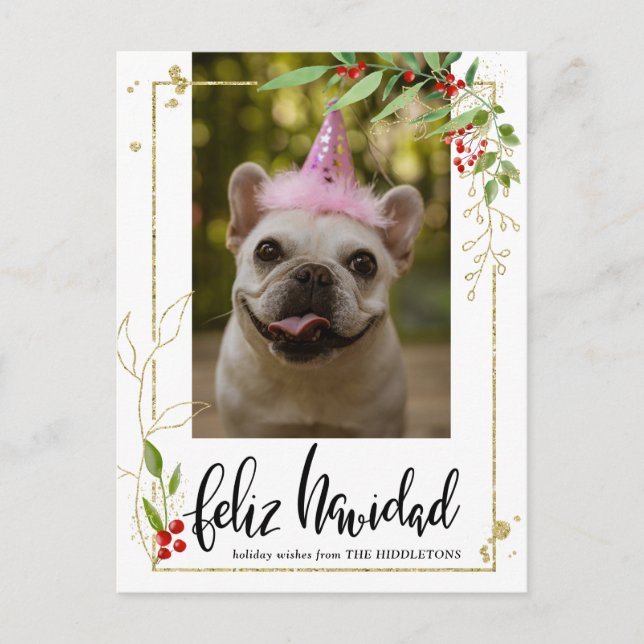 Feliz Navidad | Script Photo Guld Berry Holly Helg Vykort (Framsida)