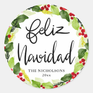 Feliz Navidad Script Red Berry Holly Wandeans Runt Klistermärke