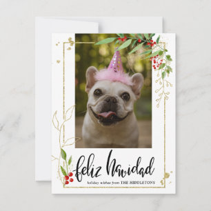 Feliz Navidad Skript Foto Guld Berry Holly Julkort