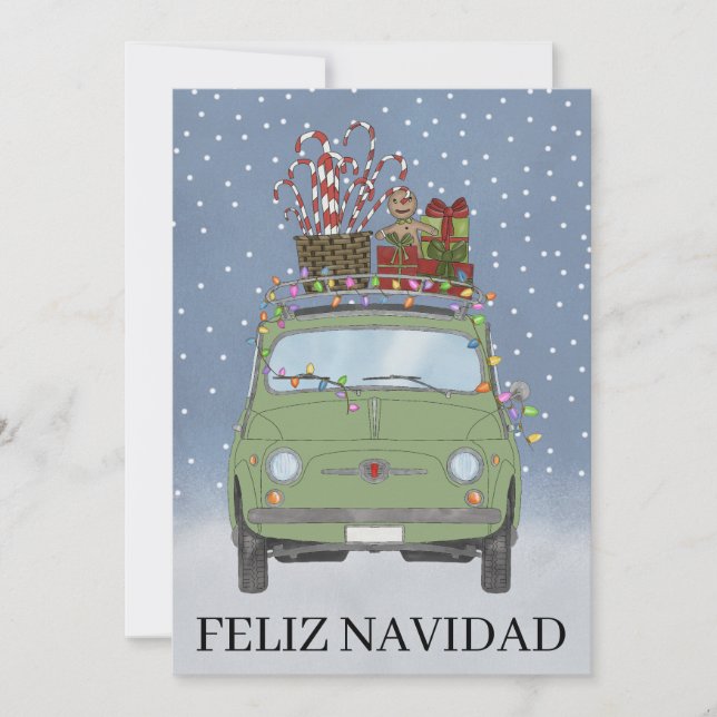 Feliz Navidad Spaniens Grönt Fiat 500 Julkort (Framsida)