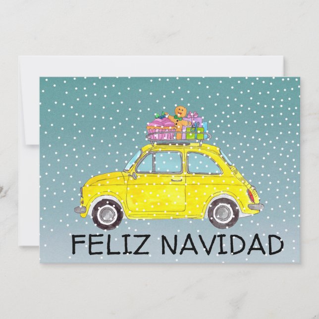Feliz Navidad Spaniens gult Fiat 500 Julkort (Framsida)