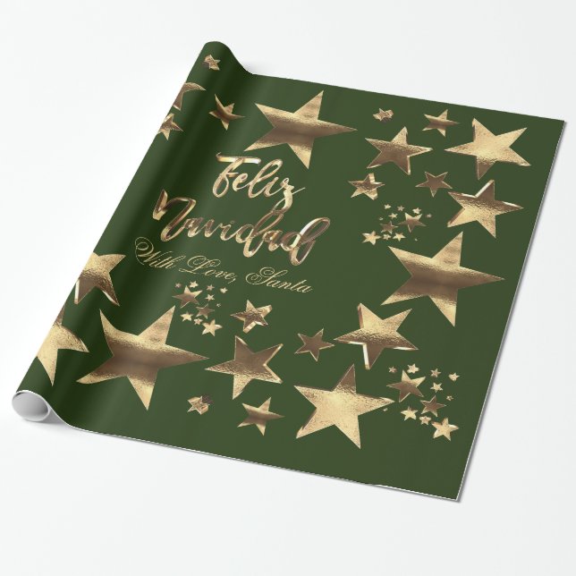 Feliz Navidad Stars Grönt Guld jul Presentpapper (Utrullad)