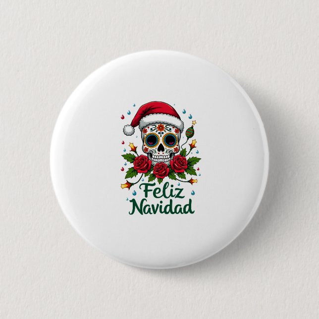Feliz Navidad Sugar Skull Mexican Christmas T-Shir Knapp (Framsida)