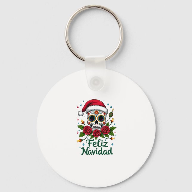 Feliz Navidad Sugar Skull Mexican Christmas T-Shir Nyckelring (Framsida)