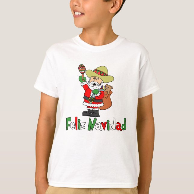 Feliz Navidad Tecknad Santa Sombrero Maracas T Shirt (Framsida)