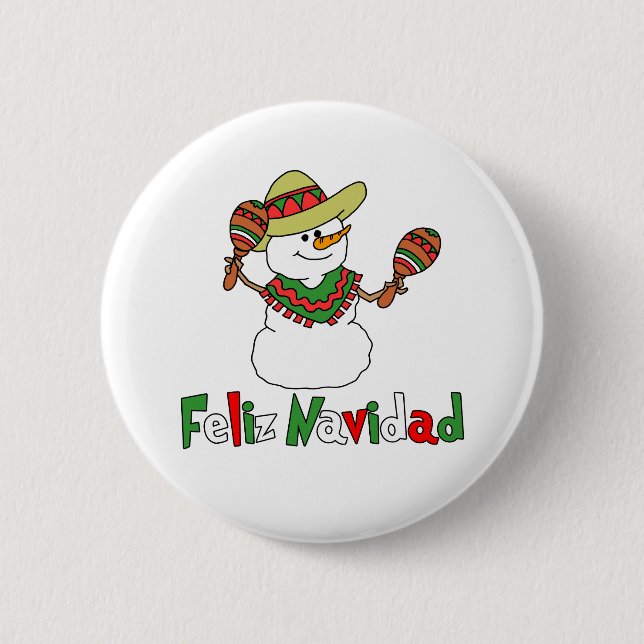 Feliz Navidad Tecknad Snögubbe Sombrero Maracas Knapp (Framsida)