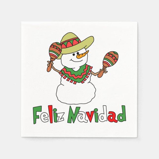 Feliz Navidad Tecknad Snögubbe Sombrero Maracas Pappersservett (Framsidan)