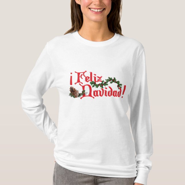 Feliz Navidad-textdesign med Gräs Cones Tee Shirt (Framsida)