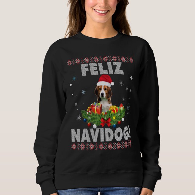 Feliz Navidog Beagle Hund Ugly Sweater Santa Merry T Shirt (Framsida)