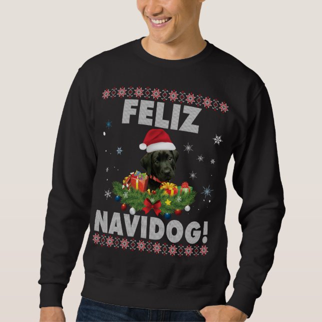 Feliz Navidog Black Labrador Hund ugly Sweater Chr Lång Ärmad Tröja (Framsida)