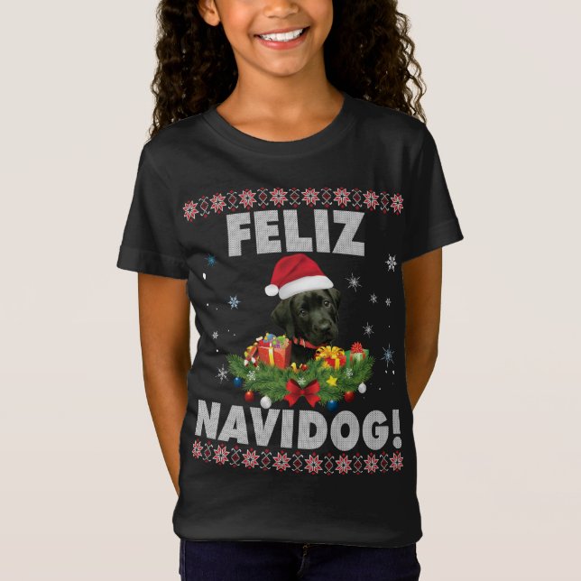 Feliz Navidog Black Labrador Hund ugly Sweater Chr T Shirt (Framsida)