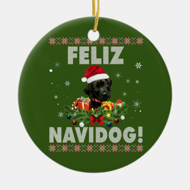 Feliz Navidog Black Labrador Hund ugly Sweater Julgransprydnad Keramik (Framsidan)