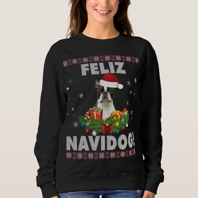 Feliz Navidog Boston Terrier Hund ugly Sweater Chr T Shirt (Framsida)