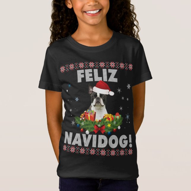 Feliz Navidog Boston Terrier Hund ugly Sweater Chr T Shirt (Framsida)