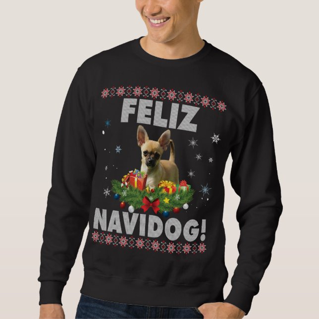 Feliz Navidog Chihuahua Hund Ugly Sweater Santa Ch Lång Ärmad Tröja (Framsida)