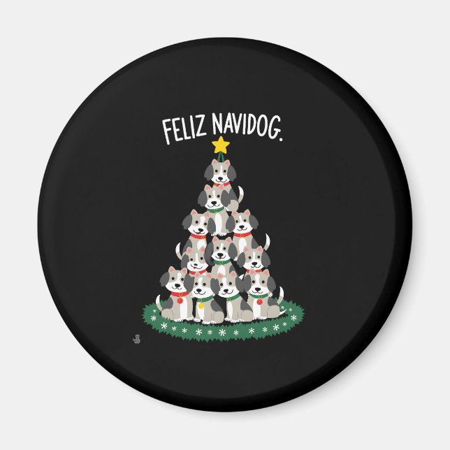 Feliz Navidog Christmas Dog T-Shirt, Funny Cute Xm Magnet (Framsidan)