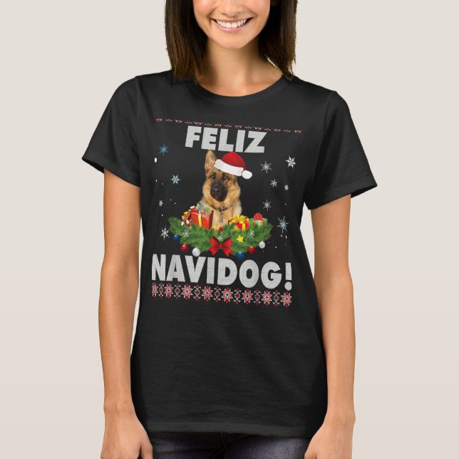 Feliz Navidog German Shepherd Hund Ugly Sweater Ch T Shirt (Framsida)