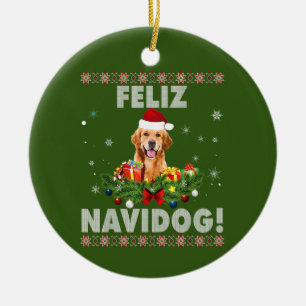 Feliz Navidog Golden Retriever Hund Ugly Sweater Julgransprydnad Keramik