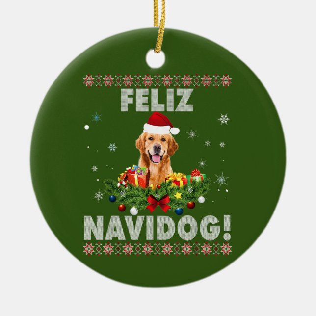 Feliz Navidog Golden Retriever Hund Ugly Sweater Julgransprydnad Keramik (Framsidan)