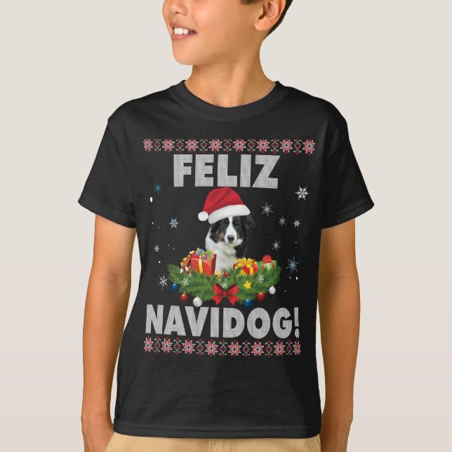 Feliz Navidog Gräns Collie Hund Ugly Sweater Chris T Shirt (Framsida)