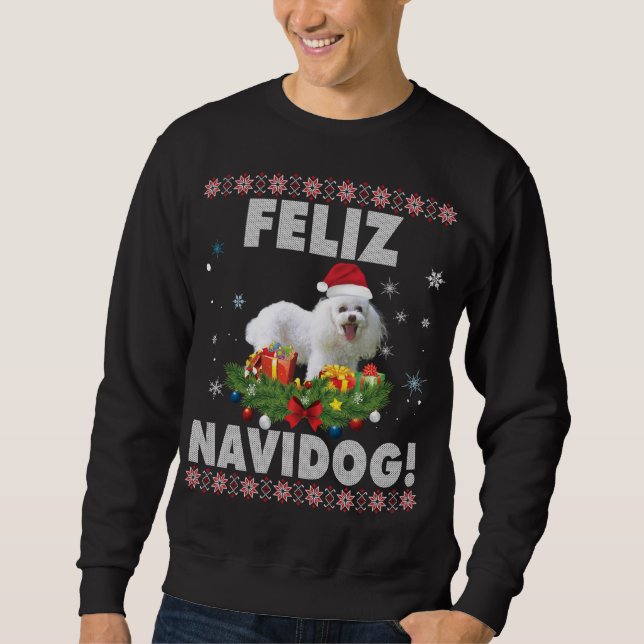 Feliz Navidog Pudel Hund Ugly Sweater jul Sa Lång Ärmad Tröja (Framsida)