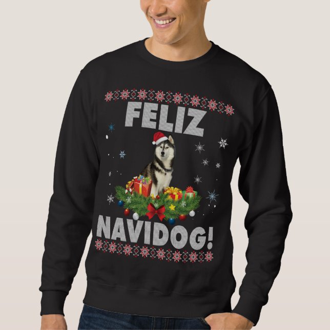 Feliz Navidog Siberian husky Hund Ugly Sweater Chr Lång Ärmad Tröja (Framsida)