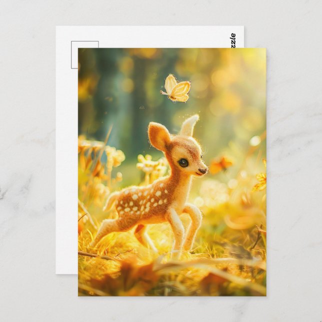 Felt Fawn in Sunny Clearing with Butterfly Vykort (Fram/baksida)