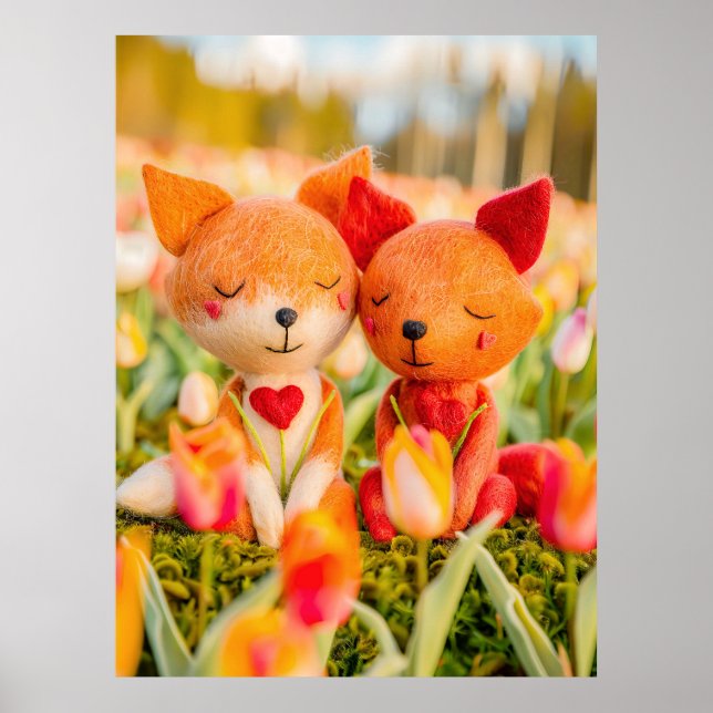 Felt Fox Couple i Tulip Fält Poster (Framsidan)