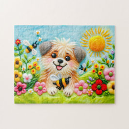 Felt Hund i en blommande trädgård med bin Pussel