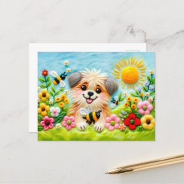 Felt Hund i en blommande trädgård med bin Vykort
