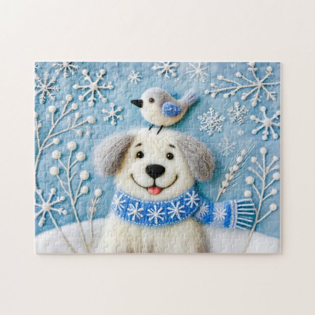Felt Hund i Snö med Scarf och Bird Pussel (Horisontell)