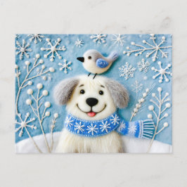 Felt Hund i Snö med Scarf och Bird Vykort