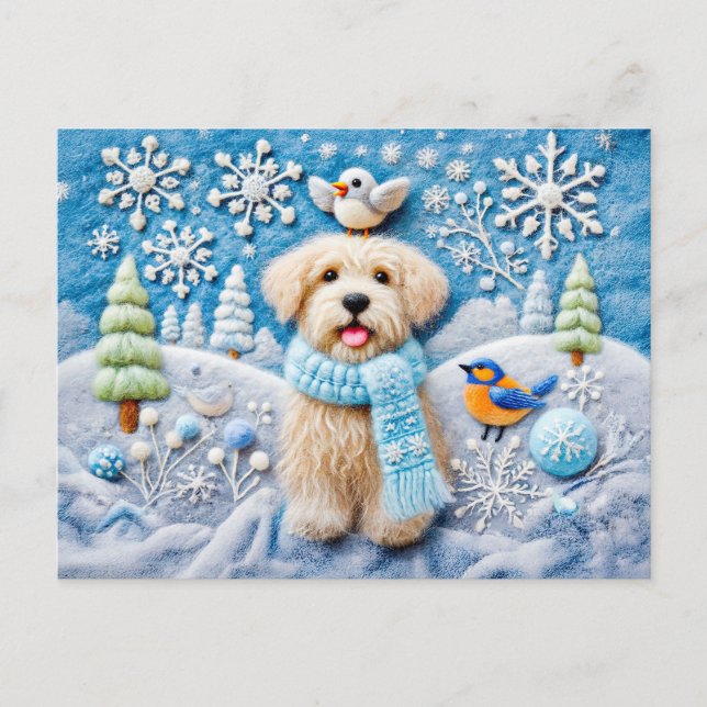 Felt Hund i Snowy Winter Scene Vykort (Framsida)