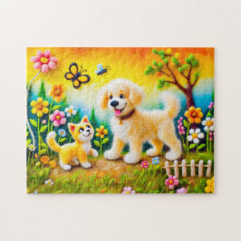 Felt Hund och Katt i Golden Sunset Garden Pussel