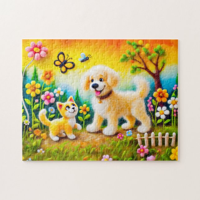 Felt Hund och Katt i Golden Sunset Garden Pussel (Horisontell)