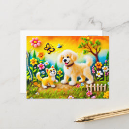 Felt Hund och Katt i Golden Sunset Garden Vykort
