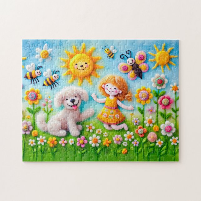 Felt Hund och underordnad i Blomsterträdgård Pussel (Horisontell)